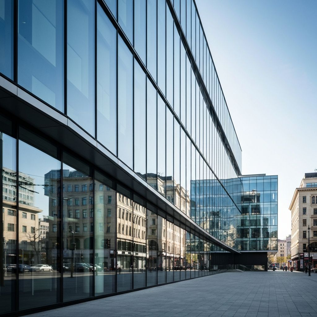 Modern architectural glass building reflecting light